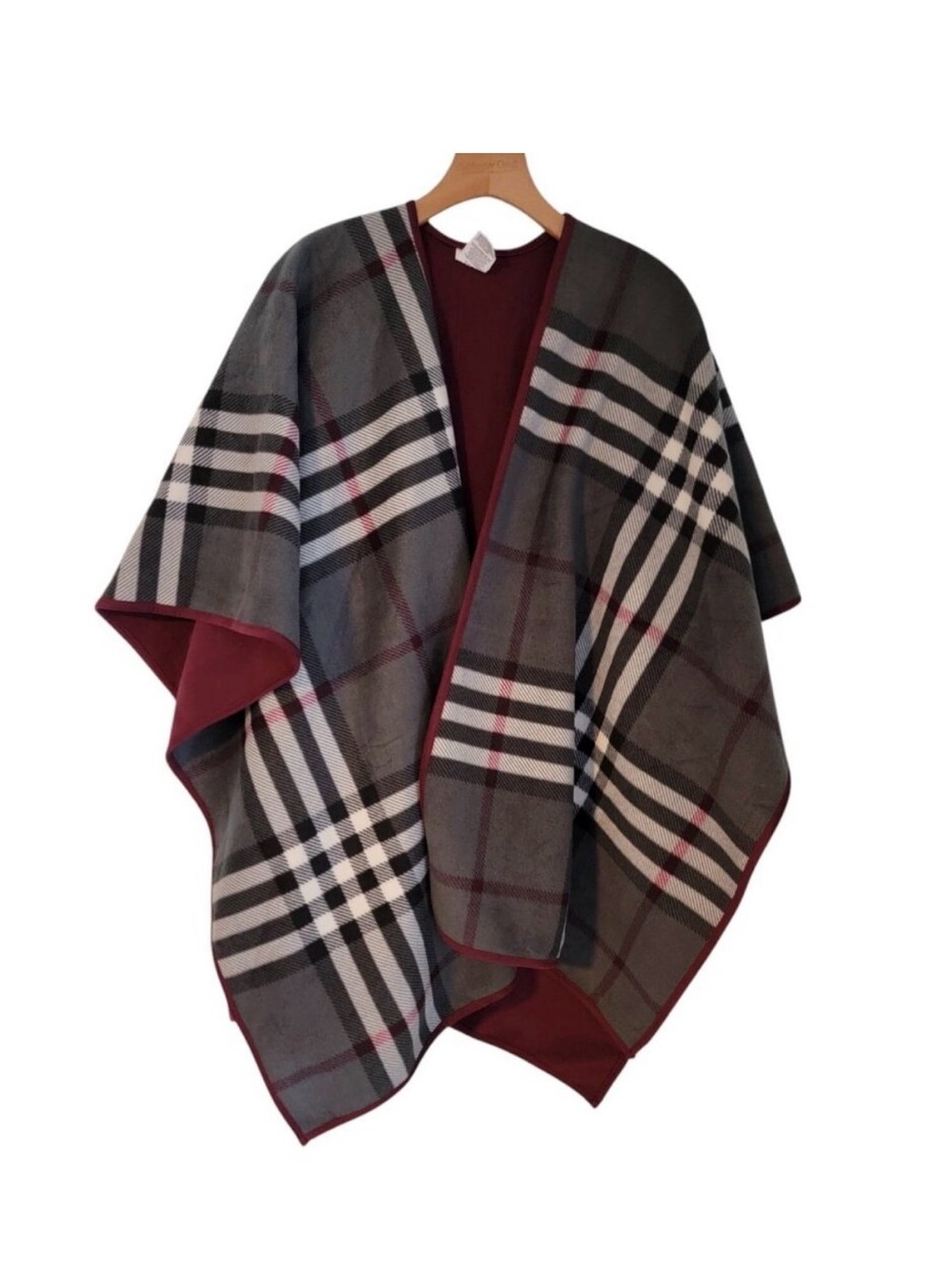 Woolrich Reversible Plaid Cape in Gray and Burgundy